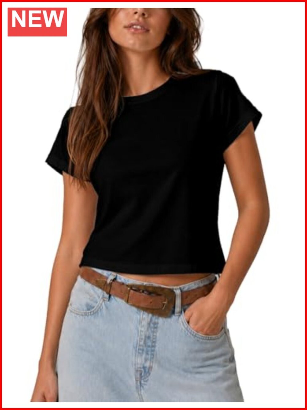 Womens Cotton Crop Top Baby Tee Short Sleeve Crewneck Fitted Casual T-Shirt